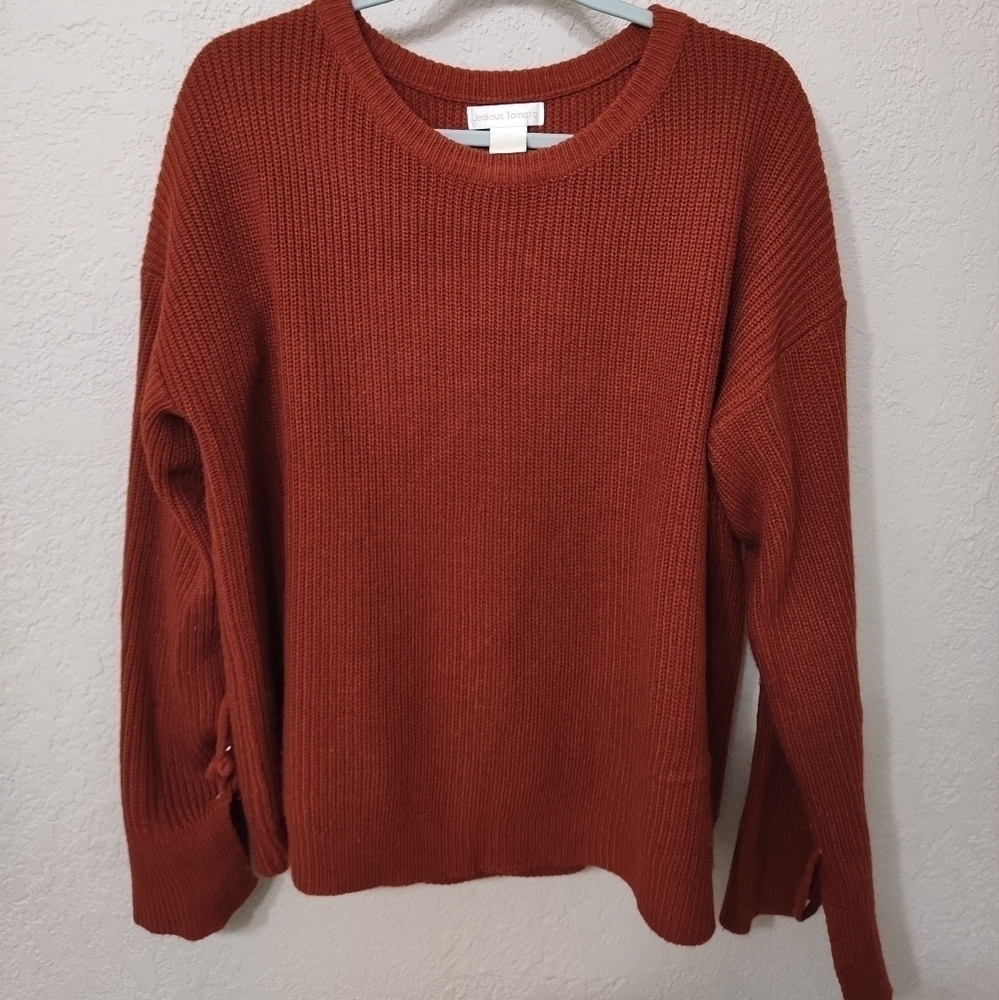 Jealous Tomato Ribbed Knit Sweater Crew neck Lace up Sleeves Orange Red XL